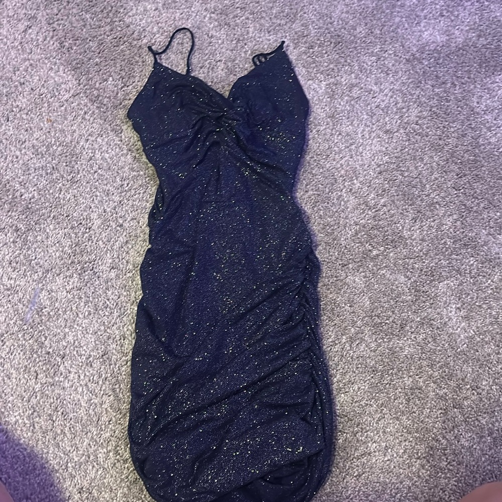 Lucy in the Sky Homecoming Dress XS Blue Sparkly. Talia glitter front twist